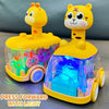 A yellow and clear light-up gear car toy for toddlers featuring a giraffe and a tiger design.