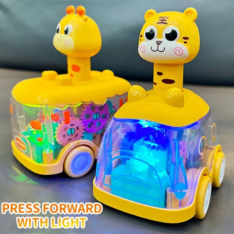 A yellow and clear light-up gear car toy for toddlers featuring a giraffe and a tiger design.