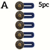 Five adjustable metal jeans button extenders shown in a vertical line.