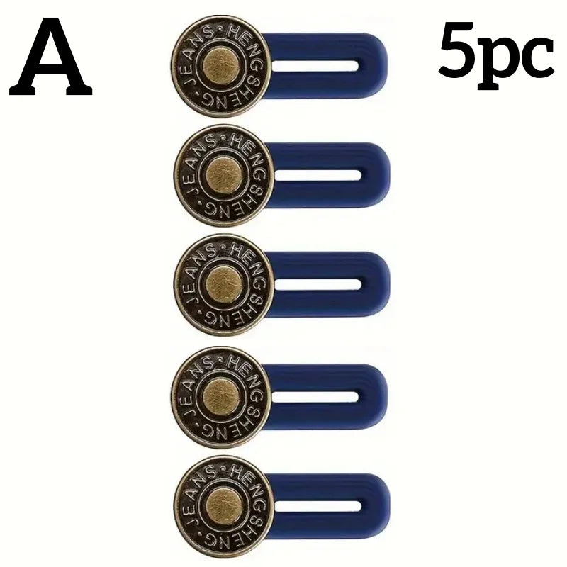 Five adjustable metal jeans button extenders shown in a vertical line.