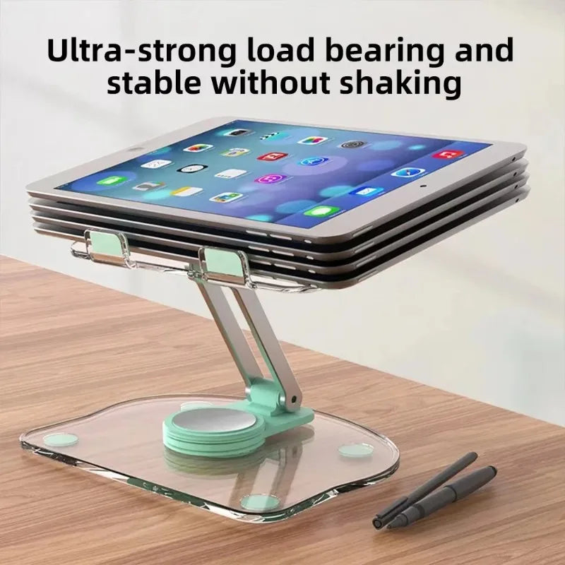A clear acrylic stand holding an iPad, designed for ultra-strong load bearing and stability.