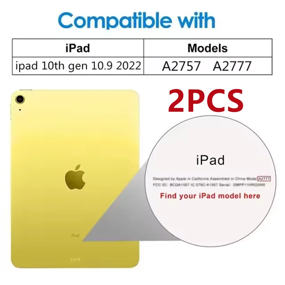 Protection en verre trempé jaune pour iPad 10e génération (10.9), modèles A2757 et A2777.