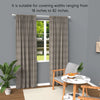 Gray fabric curtains hanging in a window, suitable for covering widths from 18 to 82 inches.