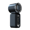 A black mini handheld fan with a digital display and flashlight is shown from the side.