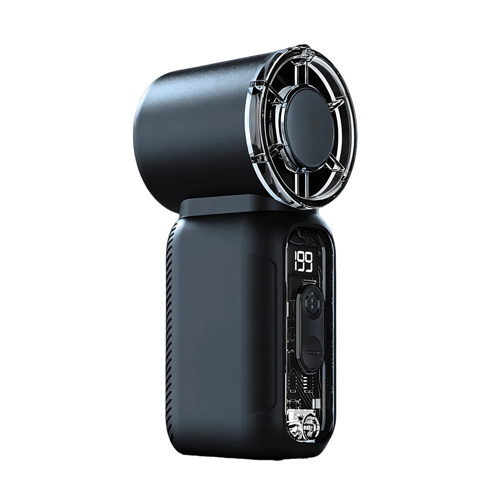 A black mini handheld fan with a digital display and flashlight is shown from the side.