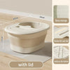 A beige foldable foot bath tub with a lid shown next to measurements and features.