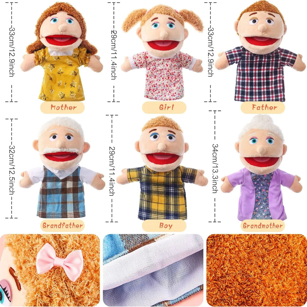 A collection of soft hand puppets featuring various family members like mother, girl, father, grandfather, boy, and grandmoth