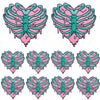 A set of ten embroidered iron-on patches depicting a stylized skull and horror design in pink and teal colors.