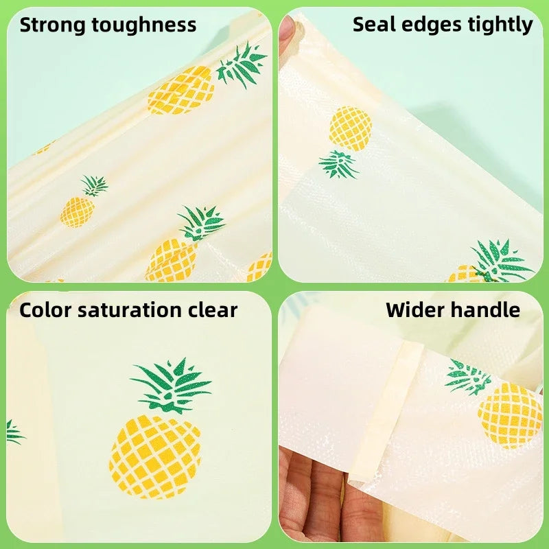 Close-up views showing the strong toughness, tight seal edges, clear color saturation, and wider handle of a mini fruit-print
