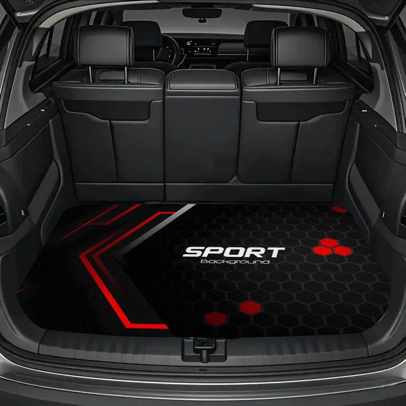 A black and red floor mat designed for car trunks, showing a textured surface with a sporty background.