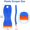 Blue plastic scraper tool showing its size and replacement orange blades.