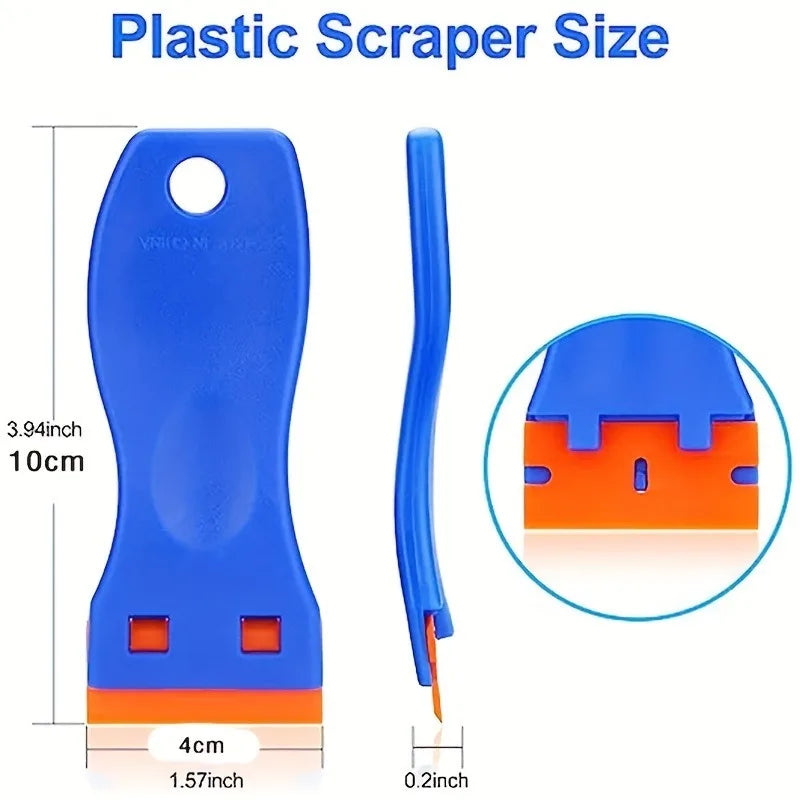 Blue plastic scraper tool showing its size and replacement orange blades.