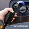 A hand holds a black portable siphon pump kit with a blue hose and flow control valve inside a device.