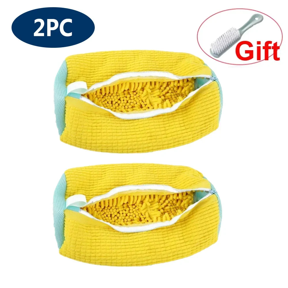 Two yellow mesh laundry bags for shoes, packaged as a gift.