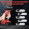 A hand holds a red cordless handheld jet blower compatible with Milwaukee 18V Li-ion batteries.