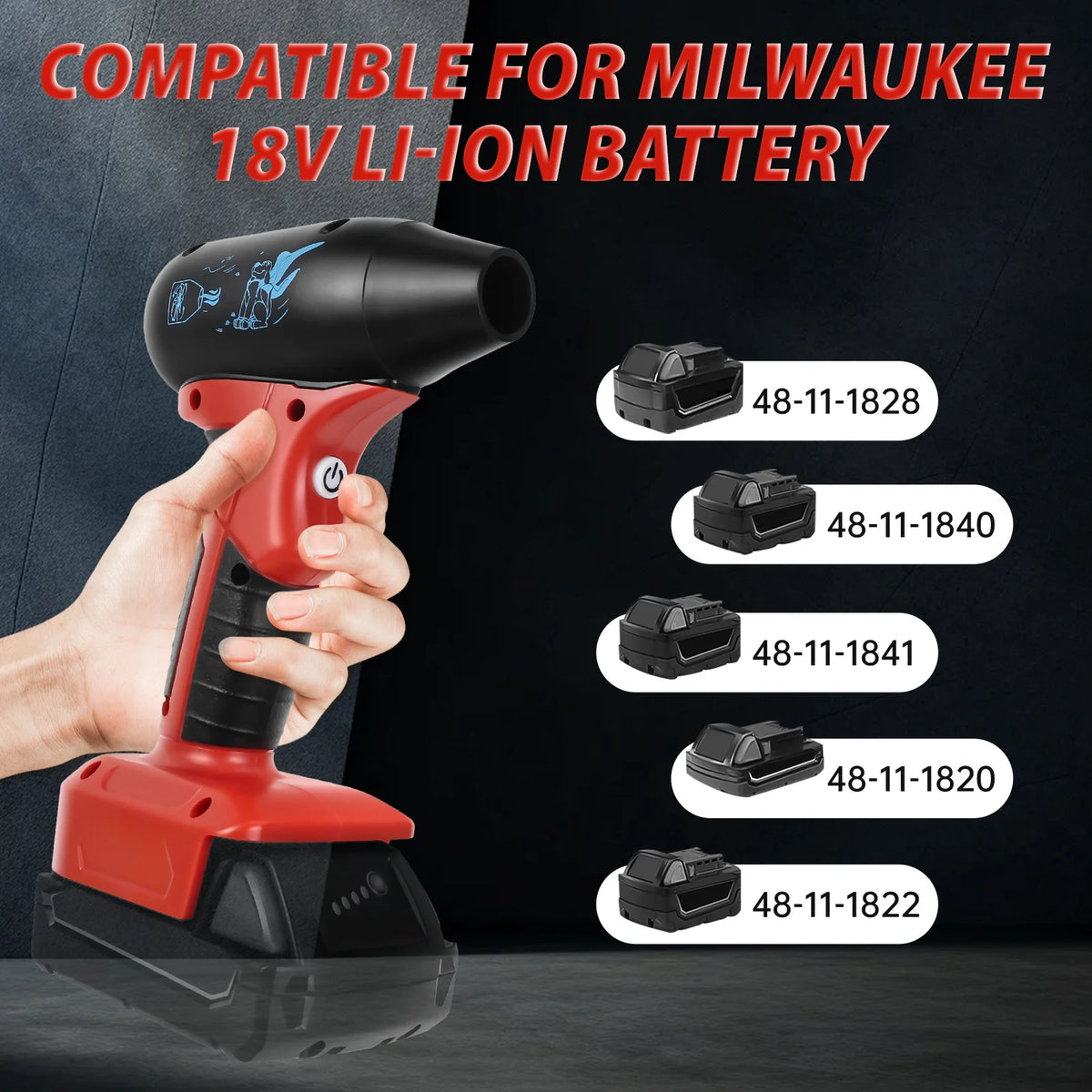 A hand holds a red cordless handheld jet blower compatible with Milwaukee 18V Li-ion batteries.