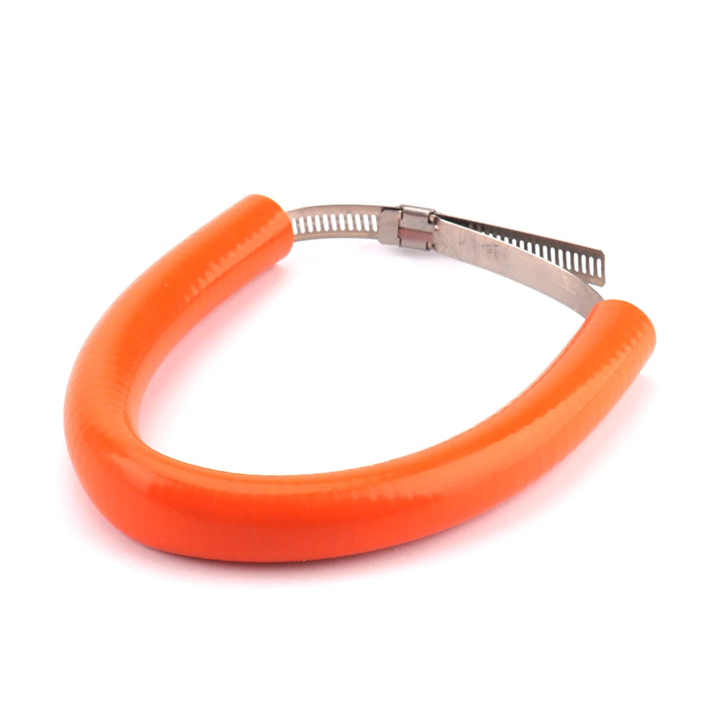 Orange universal dirt bike exhaust guard with a metal clamp visible.