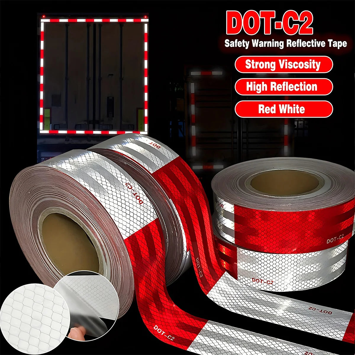 Rolls of DOT-C2 safety warning reflective tape in red and white stripes shown on a black background