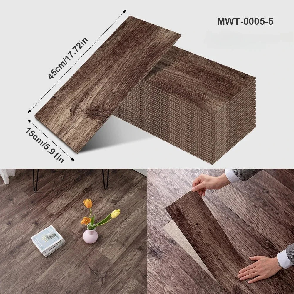 A rectangular wood grain sticker in brown tone is shown being applied to a wooden surface.