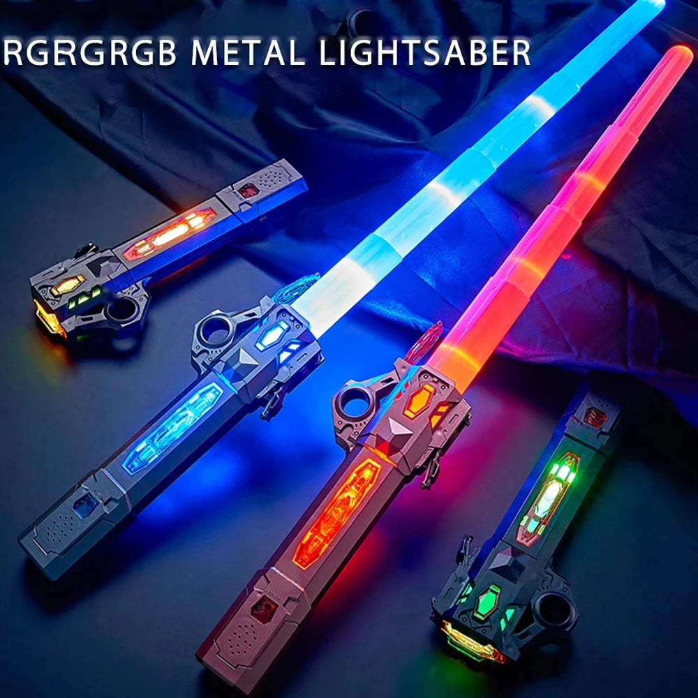 Three versions of an RGRGRGB metal lightsaber are displayed against a dark background.