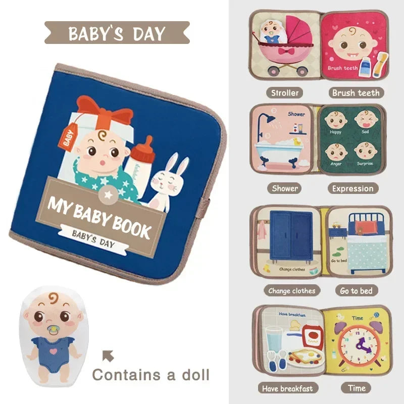 A blue fabric baby's day book featuring illustrations of a baby, a drill, and various daily activities like shower, expressio
