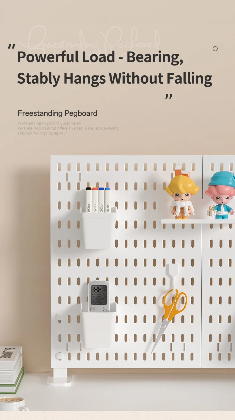 A white freestanding pegboard organizer with multiple shelves and hooks displaying various tools and small items.