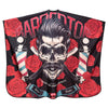 A black and red graphic cape featuring a stylized barber skull design with roses and text.