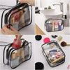 A clear PVC travel makeup and toiletry organizer bag with a zipper, shown in various uses.