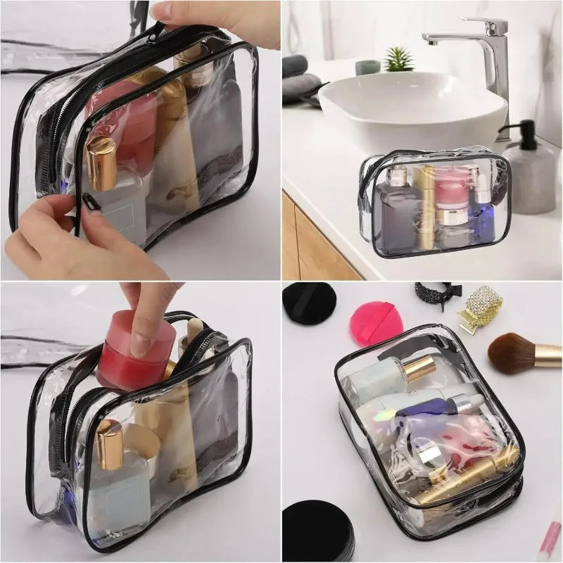 A clear PVC travel makeup and toiletry organizer bag with a zipper, shown in various uses.