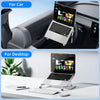 Foldable aluminum laptop stand shown for use in a car, with separate desktop setup visible.