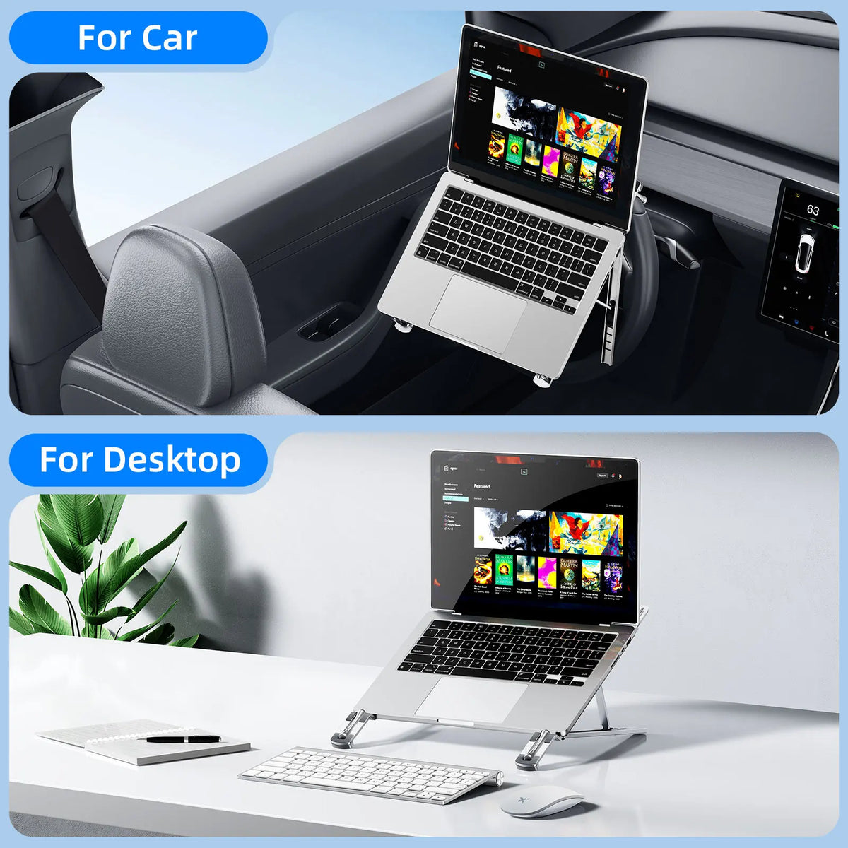 Foldable aluminum laptop stand shown for use in a car, with separate desktop setup visible.