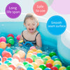 A baby is playing in a blue ball pit with colorful plastic balls, surrounded by text highlighting long life span, safety, and
