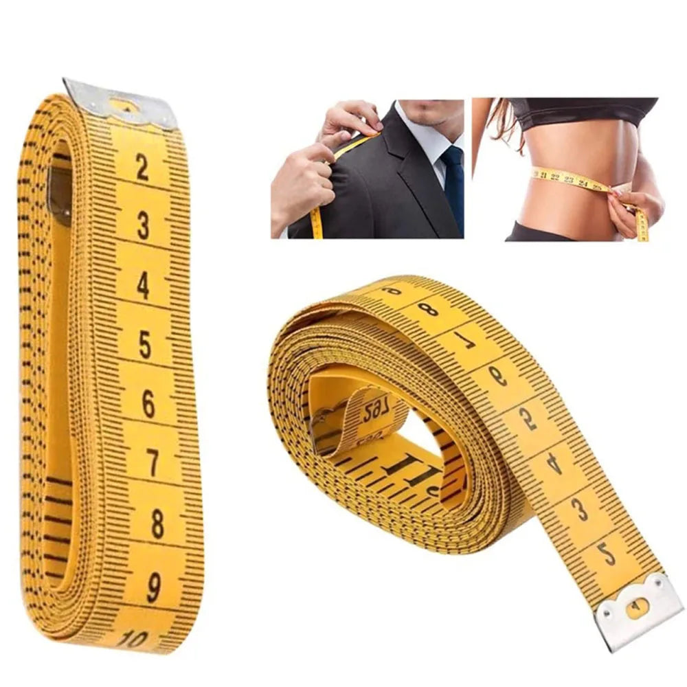 Yellow flexible measuring tape shown in various uses, including body measurement and sewing applications.