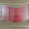 A set of red and silver sports stripe vinyl decals for motorcycle wheel rims.