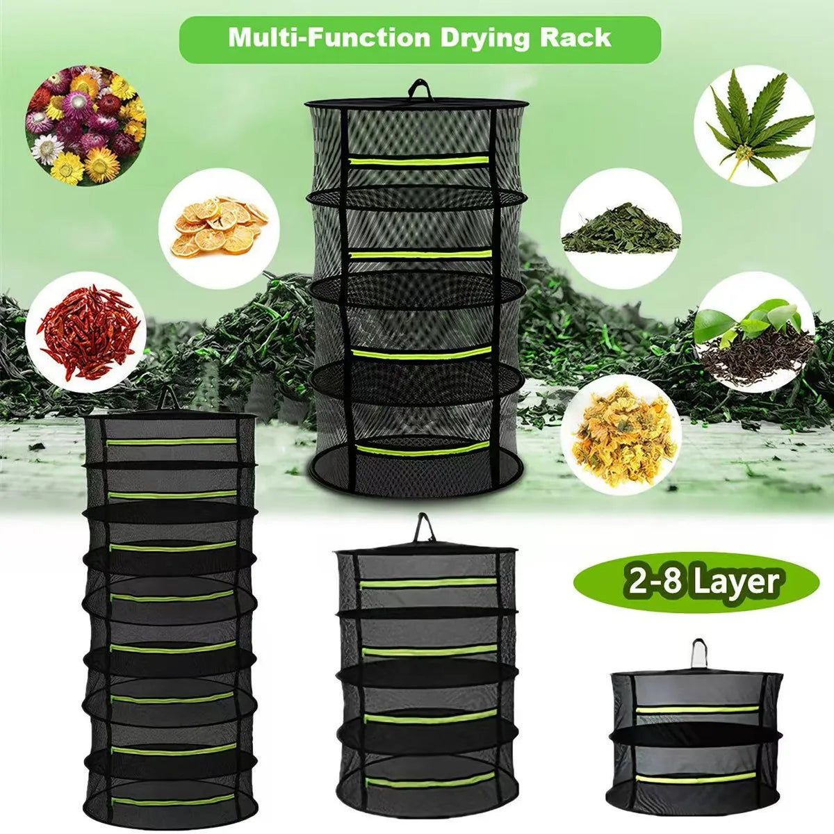 Multi-Layer Hanging Herb Drying Rack with Zippered Mesh Nets