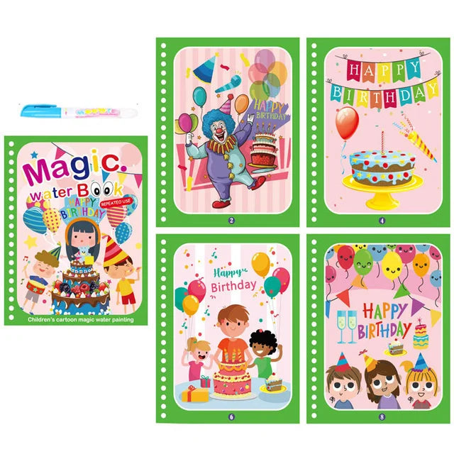 A set of six pages from a magic water book featuring colorful birthday themes and characters.