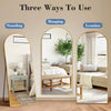 Three ways to use a full length mirror with an aluminum alloy frame showing hanging, standing, and leaning options.