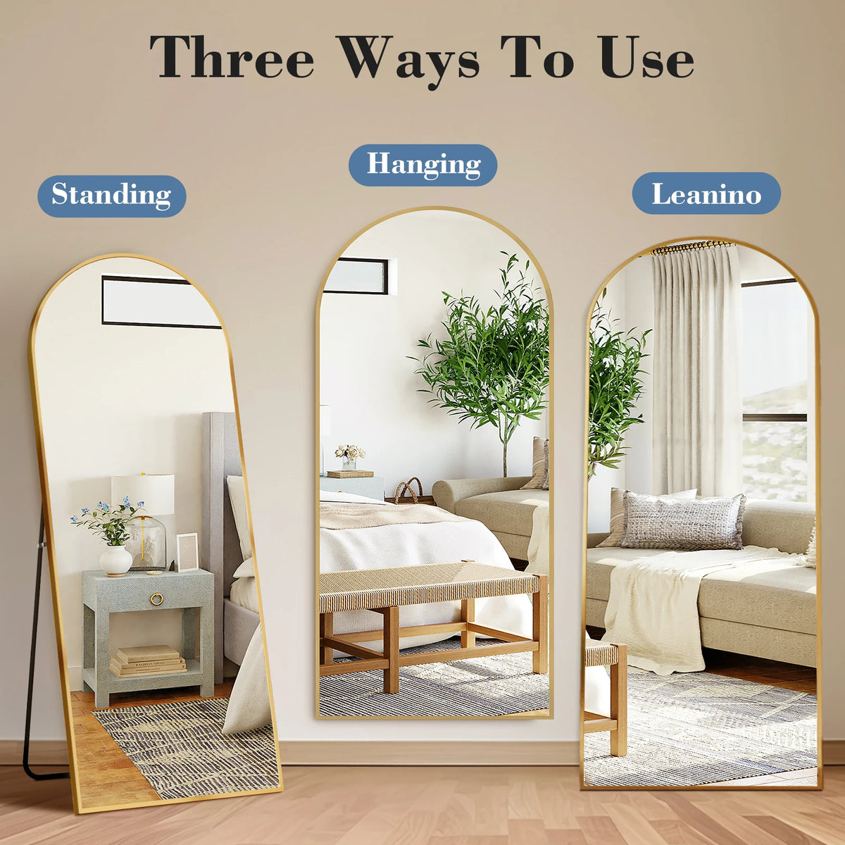 Three ways to use a full length mirror with an aluminum alloy frame showing hanging, standing, and leaning options.