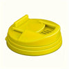 A bright yellow reusable beverage can lid with a slotted design.