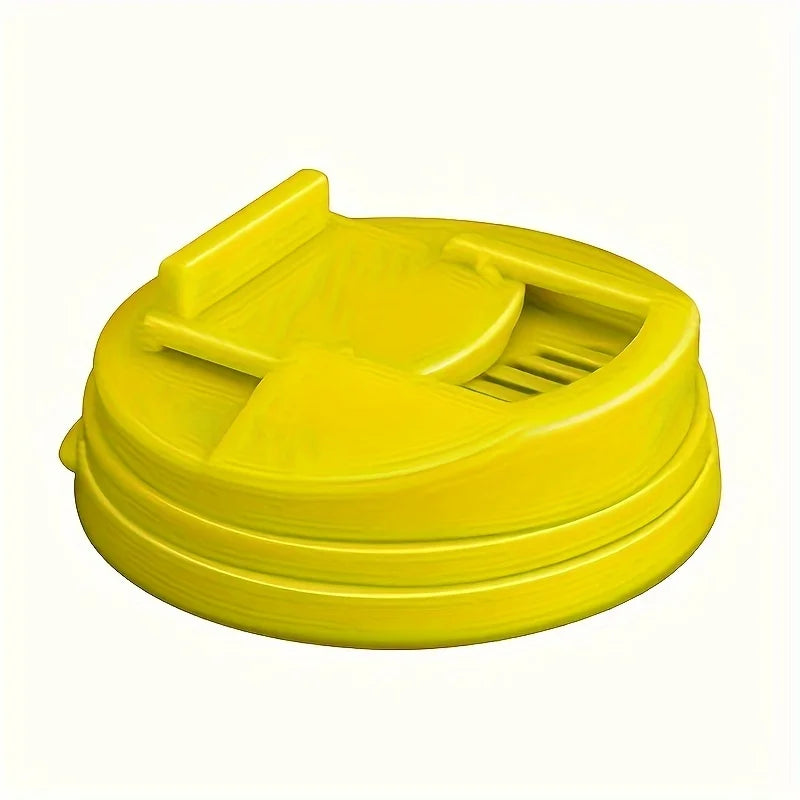A bright yellow reusable beverage can lid with a slotted design.