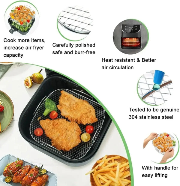 Cesta de freidora de aire de acero de alta resistencia con comida frita y papas fritas.