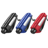 Three compact car emergency escape tools in black, blue, and red with window breaker and seatbelt cutter attachments.