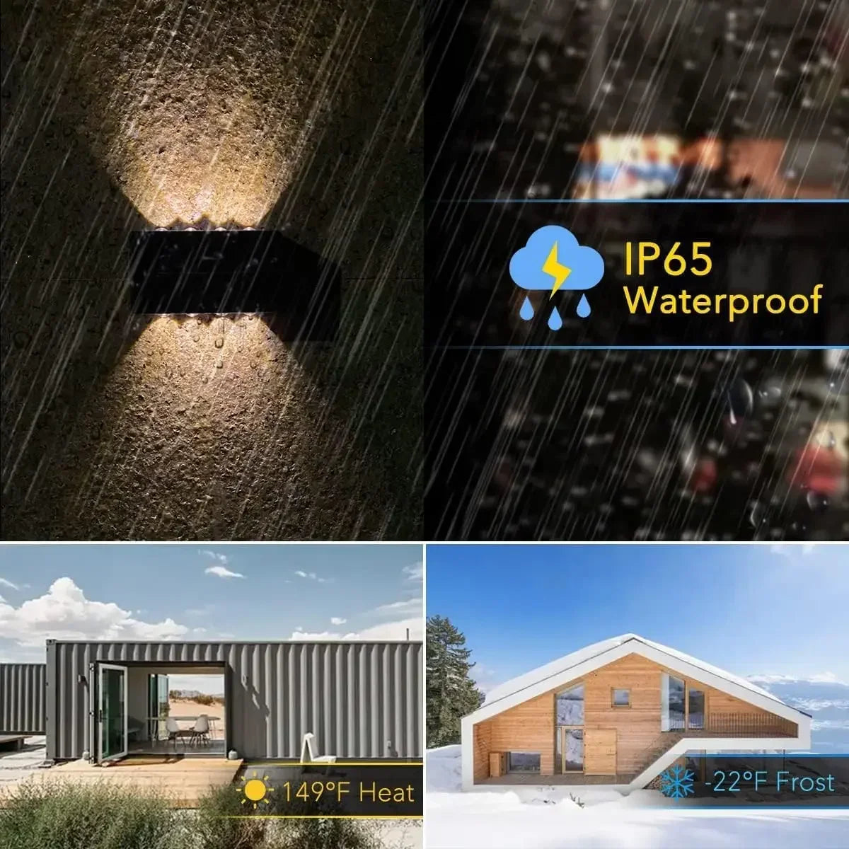 A solar powered outdoor wall light with up and down illumination is shown in a rainy context, alongside an image of a modern 