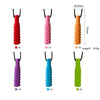 A set of six silicone sensory chew necklaces for kids in various colors and sizes, shown vertically.
