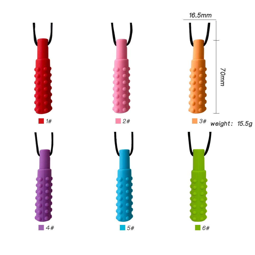 A set of six silicone sensory chew necklaces for kids in various colors and sizes, shown vertically.