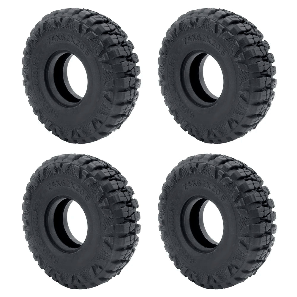 Four views of soft rubber tires for 1/18 and 1/24 RC crawler cars