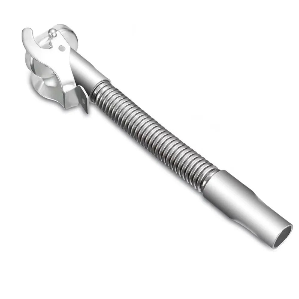 A silver universal jerry can spout tool with a threaded body and a protective cap.