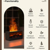 A black fireplace ultrasonic aroma diffuser with a glowing flame projection and various features listed on the right.
