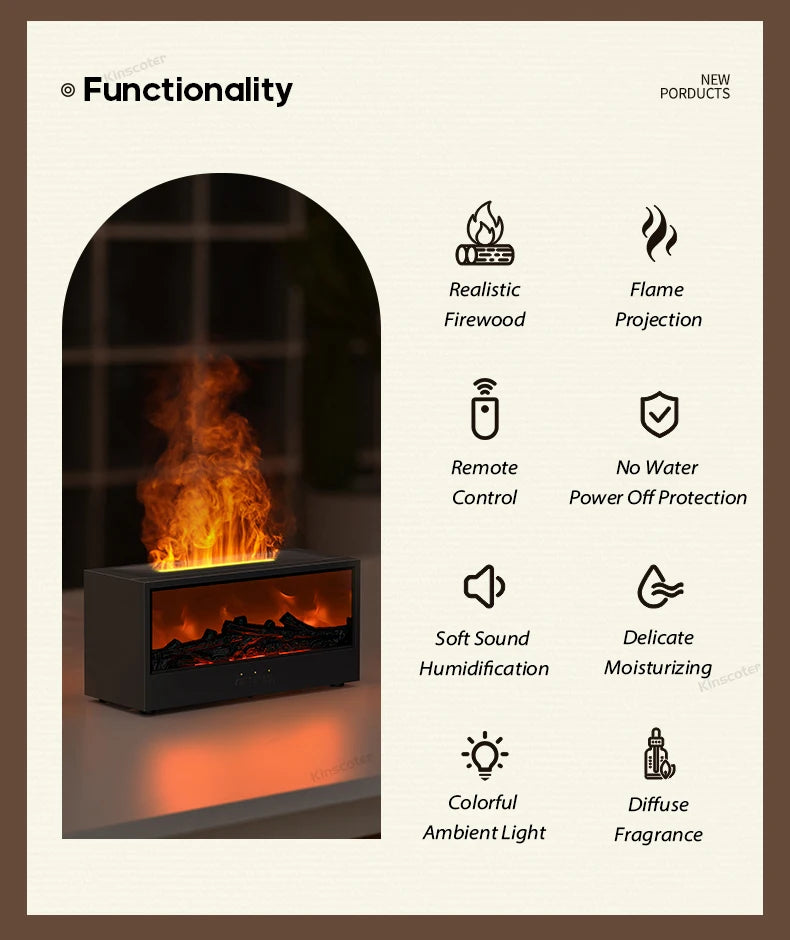 A black fireplace ultrasonic aroma diffuser with a glowing flame projection and various features listed on the right.