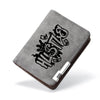 A dark gray men's compact double-fold wallet with a leather trim and embossed text.